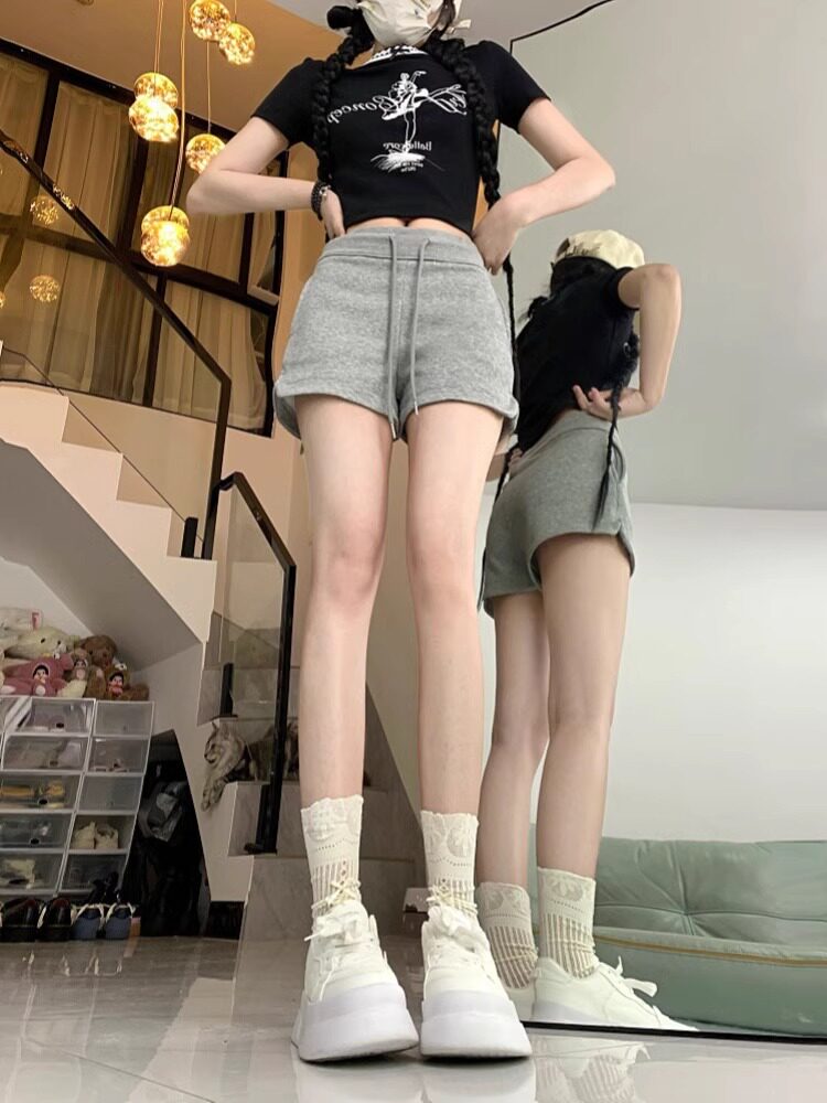 美式辣妹灰色运动短裤女2024年夏季百搭高腰显瘦绑带小个子休闲裤
