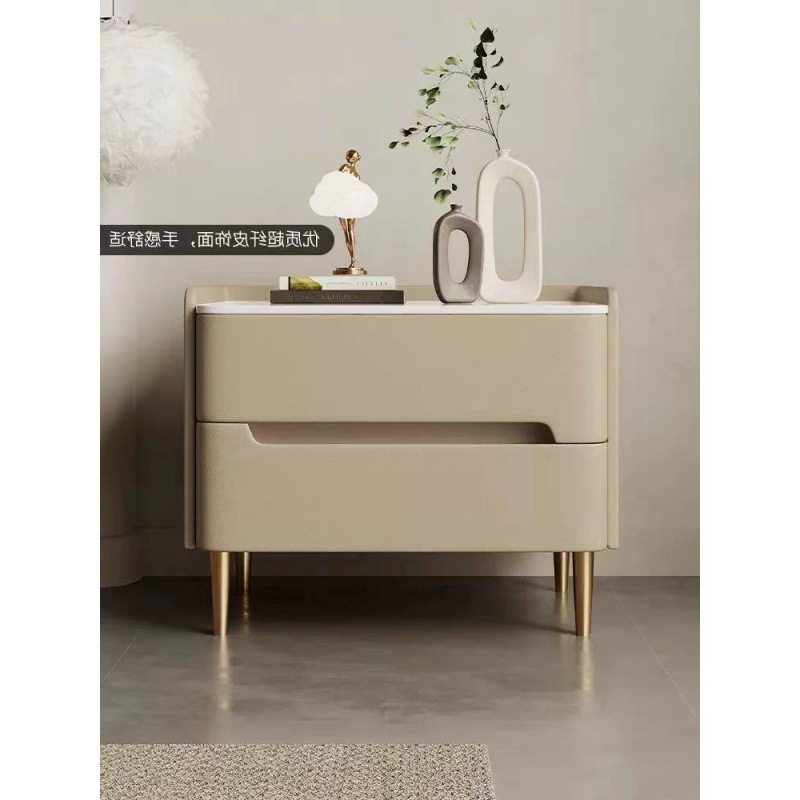意式轻奢岩板实木床边柜皮质简约现代卧室家用床头柜小型整装