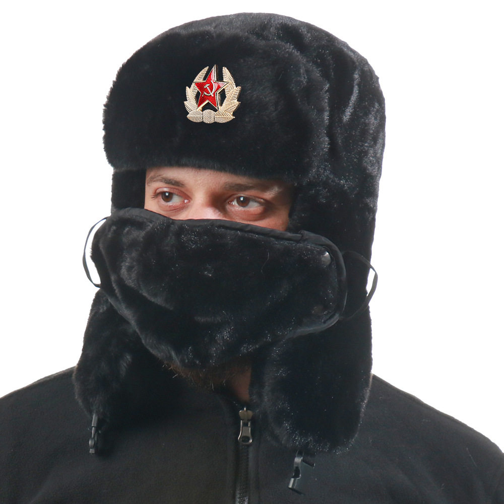 苏联徽章雷锋帽男女仿兔毛户外帽护耳俄罗斯全毛保暖帽防寒东北帽
