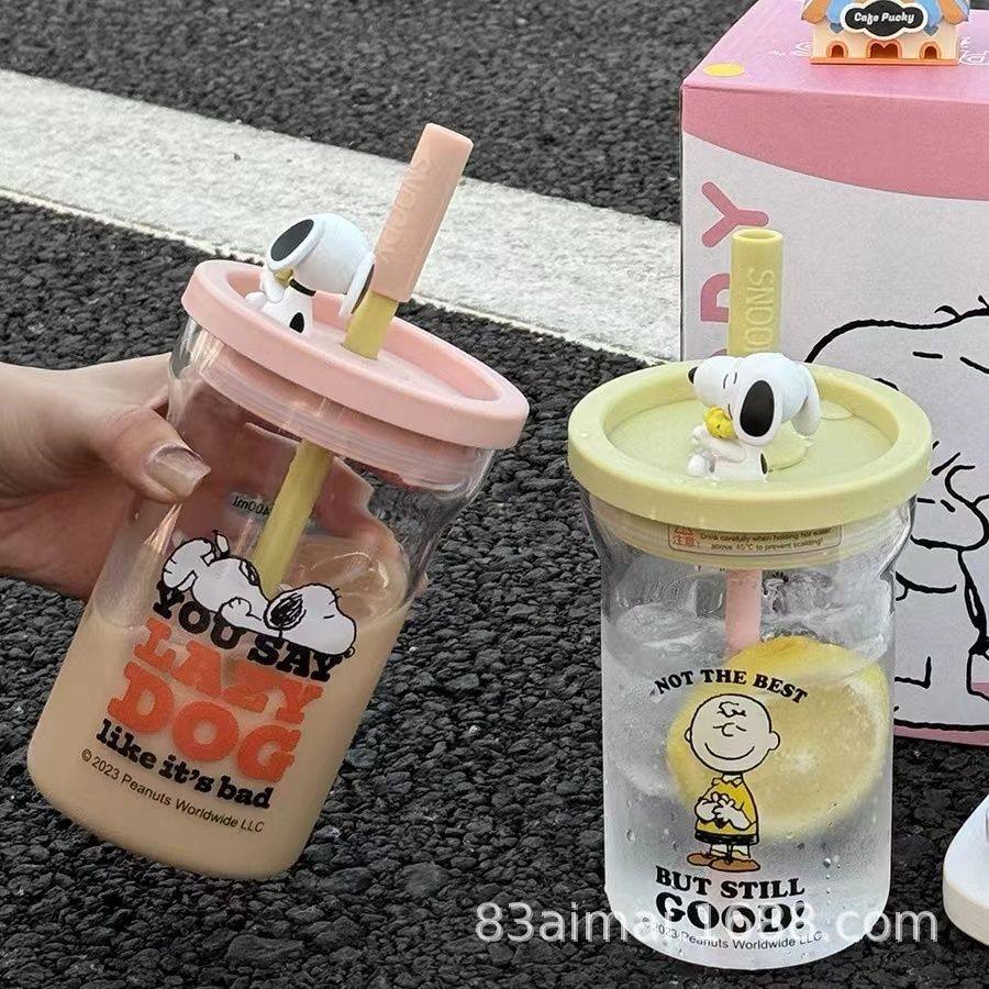 史努比大容量玻璃杯女生高颜值家用喝水杯成人耐高温吸管杯牛奶杯