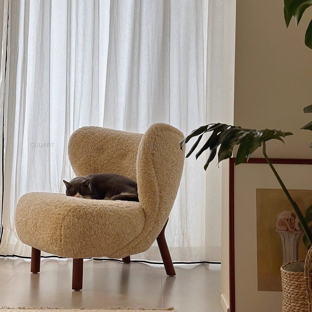 法式复古羊羔绒沙发椅中古风客厅休闲椅奶油风设计师单人沙发躺椅