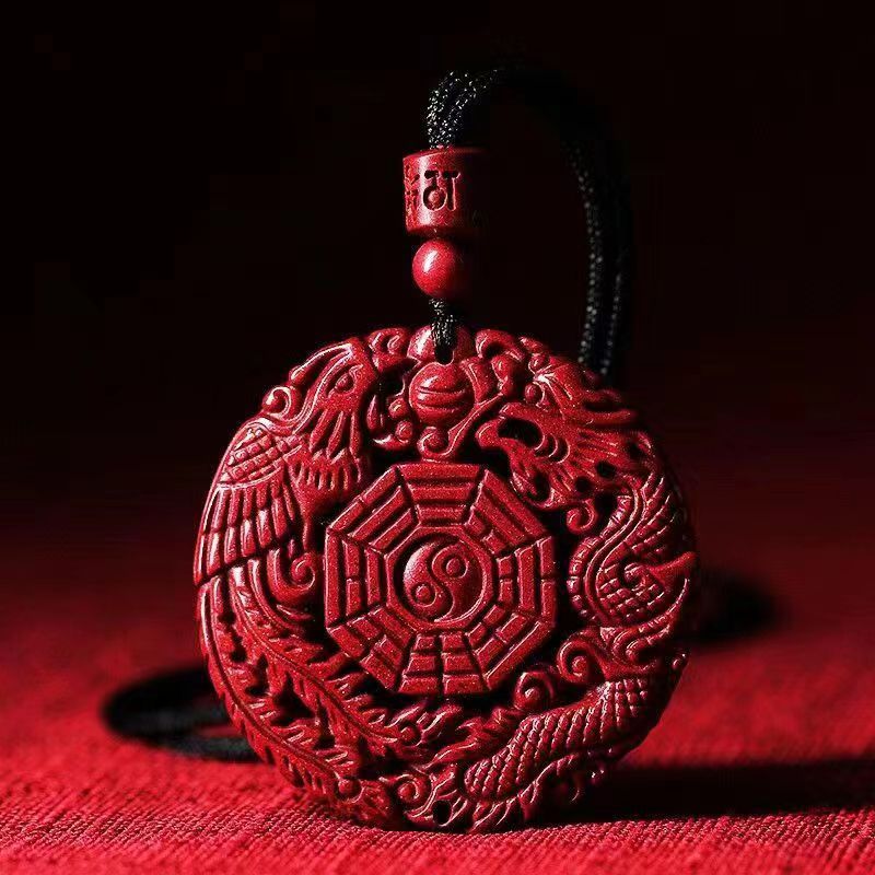 Taoist Cinnabar Bagua Pendant with Dragon and Phoenix for Peace, Evil Warding, Protection, and Good Luck.
