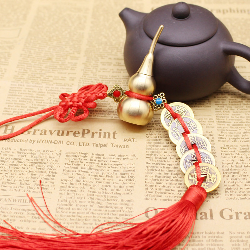 黄铜葫芦真铜五帝钱开口车载吊坠中国结红色装饰品车挂件门对门