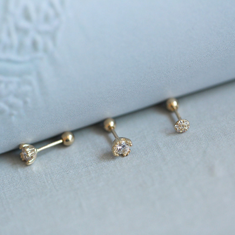 9K gold round full drill screw ear studs and ear bone studs