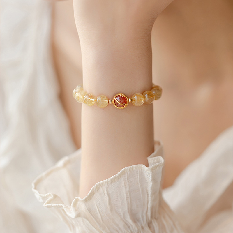 Natural Blonde Rutilated Quartz Citrine Bracelet | Five Elements: Earth, I Ching Kun Gua, Wealth Attraction and Luck Transformation Bracelet for Stabilizing Fortune