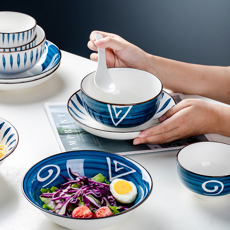 碗套装日式网红米饭碗千叶草甲骨文釉下彩碗具简约INS风陶瓷餐具