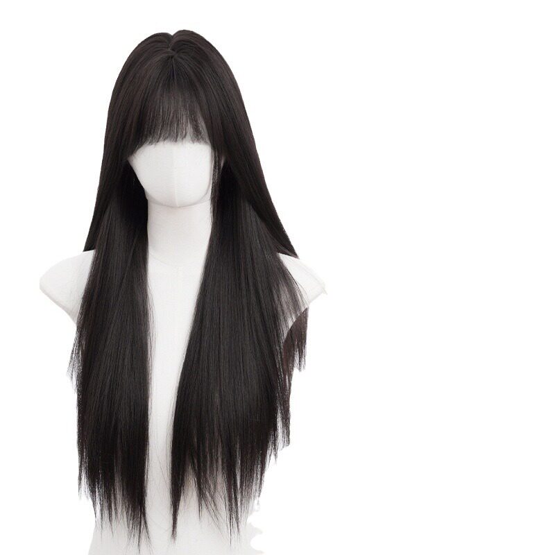 秋实假发女批发跨境日常网红自然气质长直发逼真齐刘海全头套式