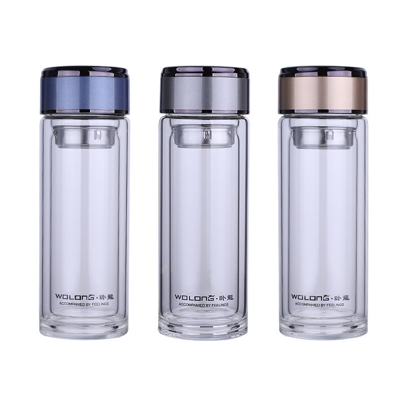 卧龙双层加厚玻璃杯高硼耐热家用礼品男女车载便携隔热双层玻璃杯