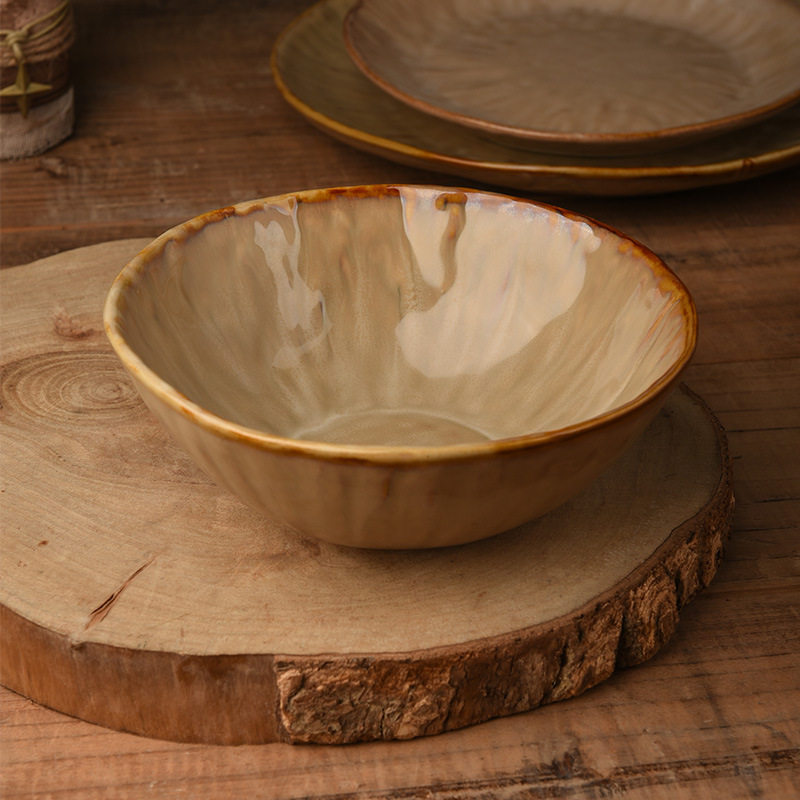 跨境专供日式复古风成人碗碟套装圆形窑变釉轻奢复古陶瓷碗