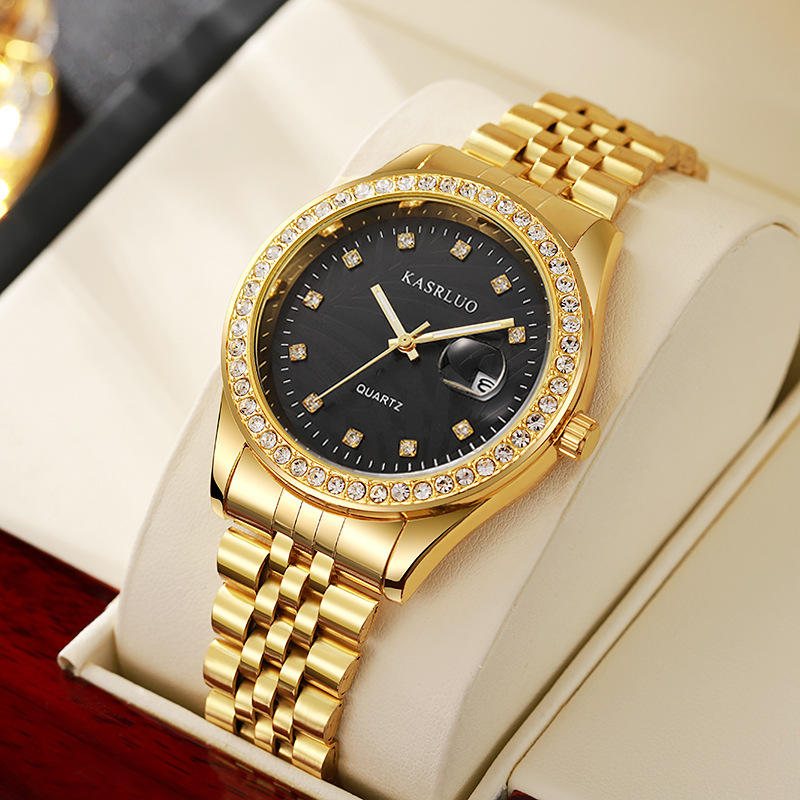 手表男士潮流镶钻情侣钢带日历休闲学生成人全自动石英表金属刻度