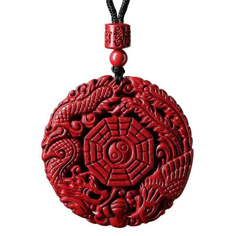 Taoist Cinnabar Bagua Pendant with Dragon and Phoenix for Peace, Evil Warding, Protection, and Good Luck.