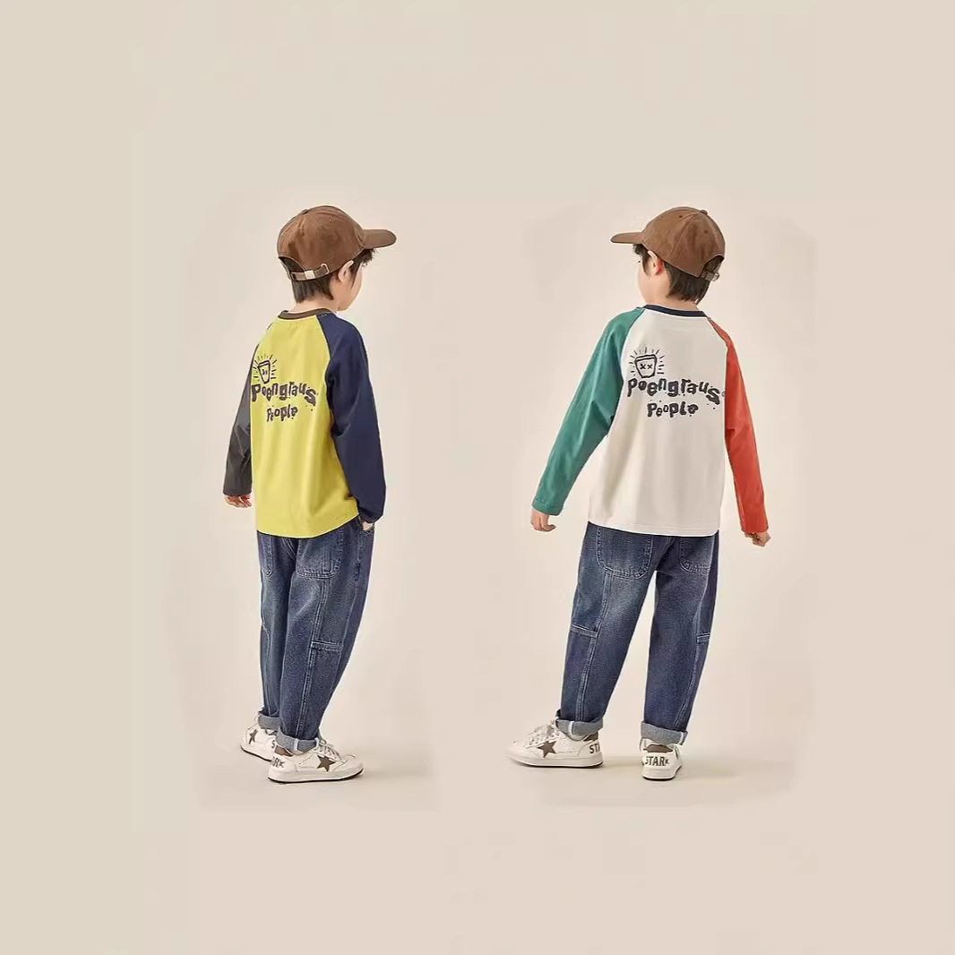 儿童纯棉T恤春秋季男童插肩长袖休闲中大童卫衣上衣100%棉