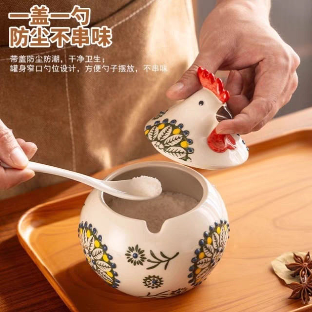 小鸡陶瓷调料罐盐罐厨房家用高端调味罐防潮佐料盒辣子罐带盖带勺