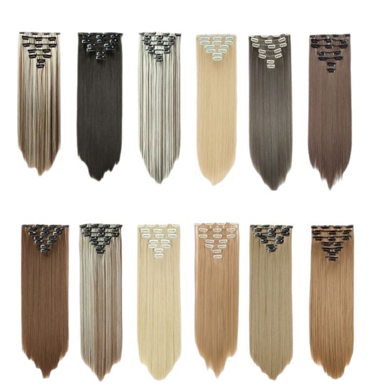 欧美卡子发七件套外贸假发女16卡接发片高温丝长直发7件套卡子发