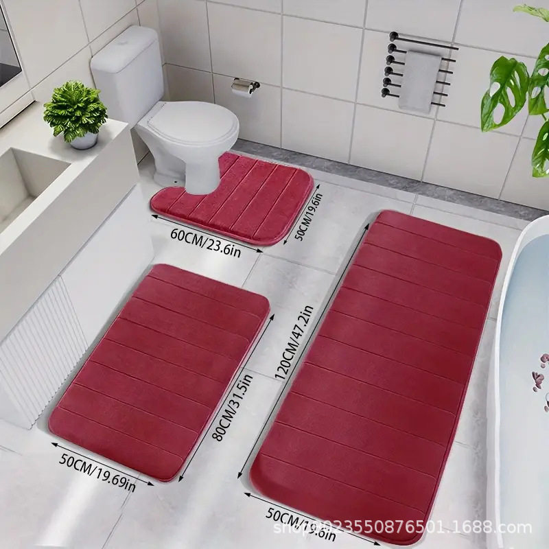 跨境爆款TEMU绗缝浴室三件套卫生间吸水防滑地垫珊瑚绒脚垫地毯