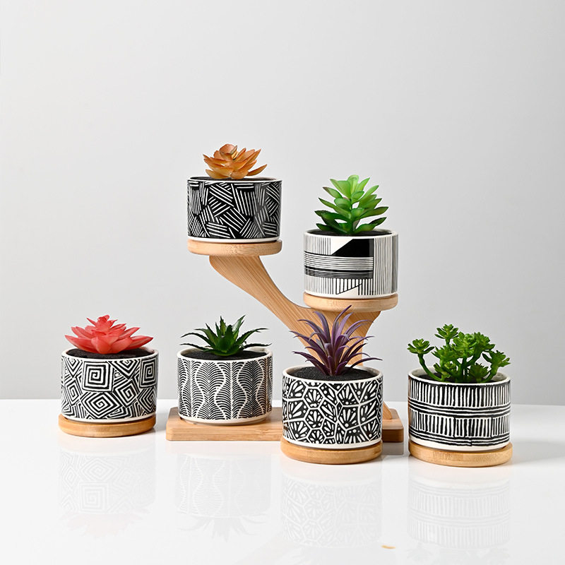 外贸陶瓷多肉花盆托盘室内桌面盆景摆件创意文案logo跨境陶盆批發