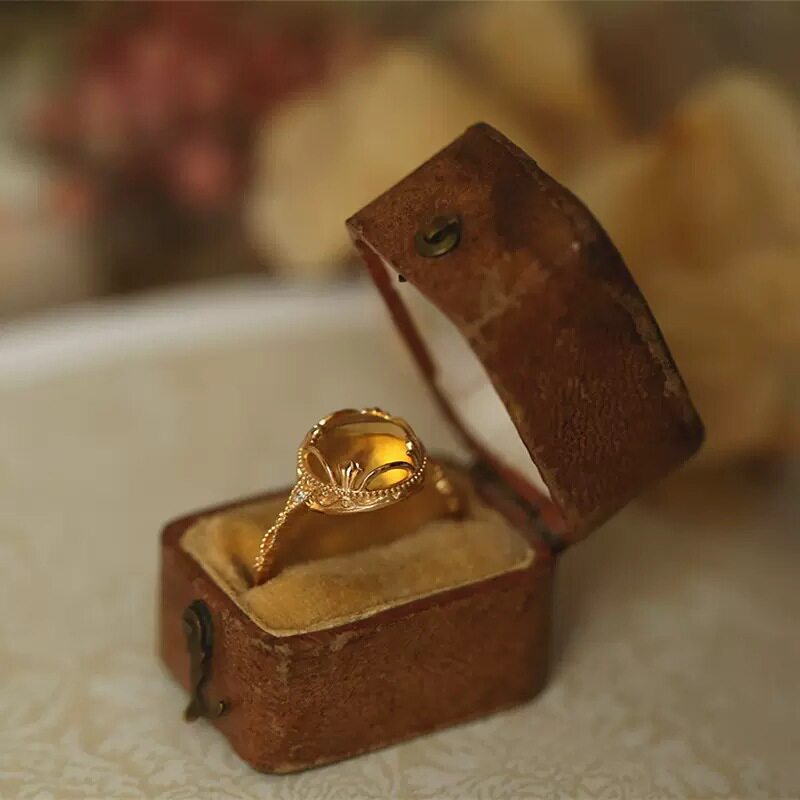 Citrine Lace Ring - Natural Yellow Crystal Gold-Plated Open Ring