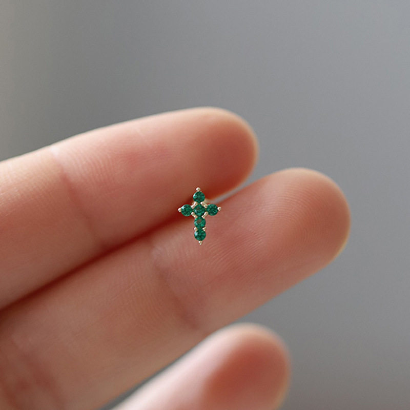 9K gold emerald zircon cross screw stud earrings