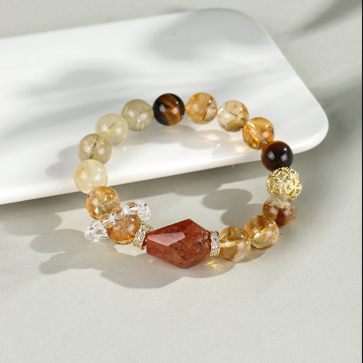 Natural Citrine Rutilated Quartz Bracelet for Wealth and Luck, Genuine Natural Crystal Bracelet for Men and Women.