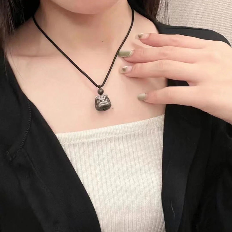 Obsidian Little Awakening Lion Energy Pendant - Wealth Attraction and Evil Warding Talisman, Natural Crystal Jewelry