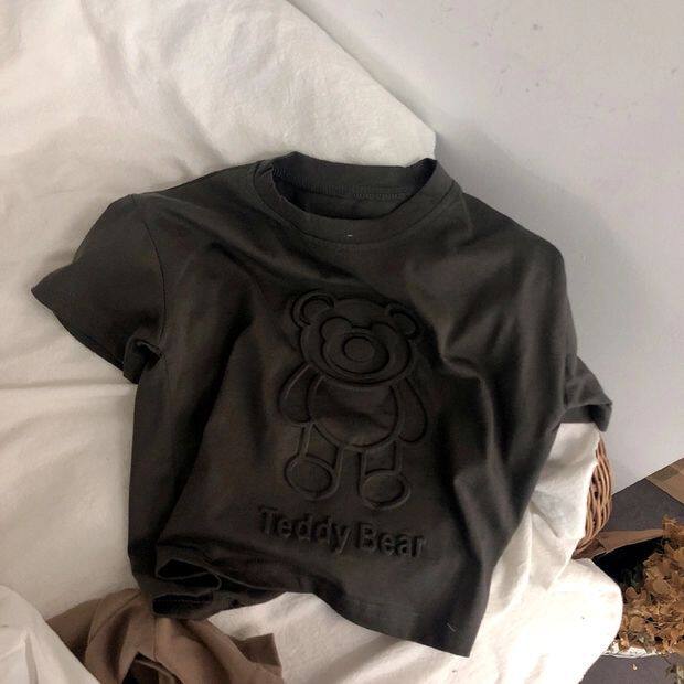 男小童t恤压花小熊韩国儿童立体压花柔棉短袖T恤男女宝宝休闲上衣