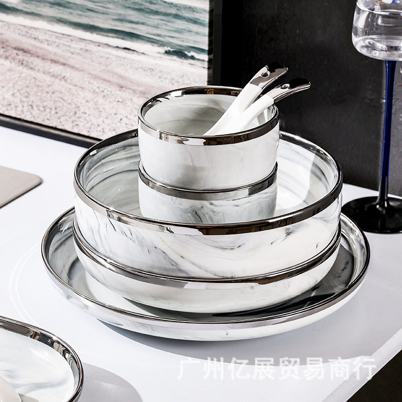 家用陶瓷饭碗鱼盘居家菜盘北欧餐具牛排盘大理石银边跨境陶瓷餐具