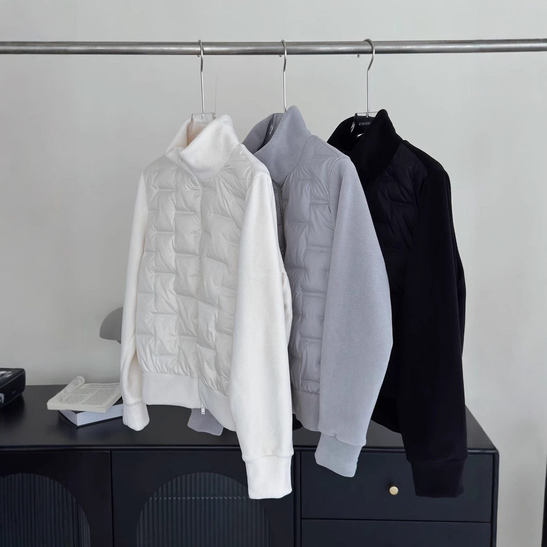 现货90%白鸭绒休闲绗格拼接摇粒绒立领双头拉链轻薄羽绒服女冬733