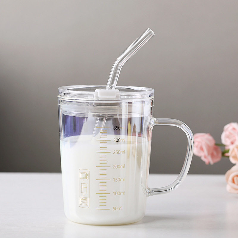 刻度牛奶杯高颜值喝水咖啡杯带盖家用微波炉吸管玻璃杯吸管杯