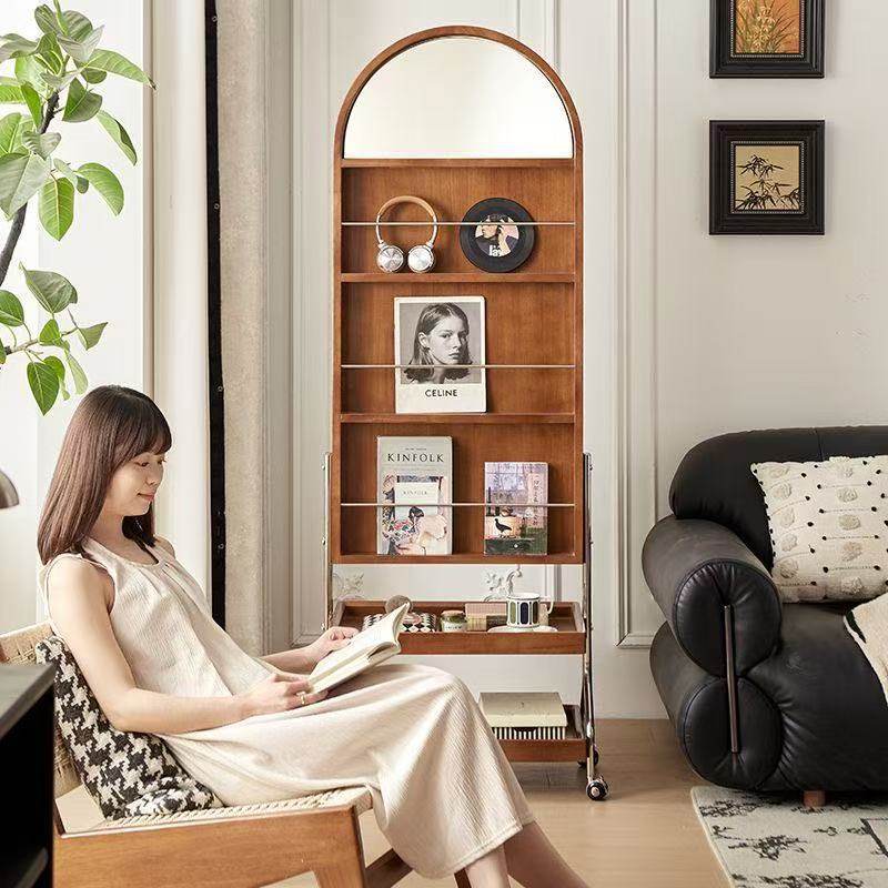 家用实木可移动穿衣镜客厅全身镜收纳置物架书架一体卧室落地镜子