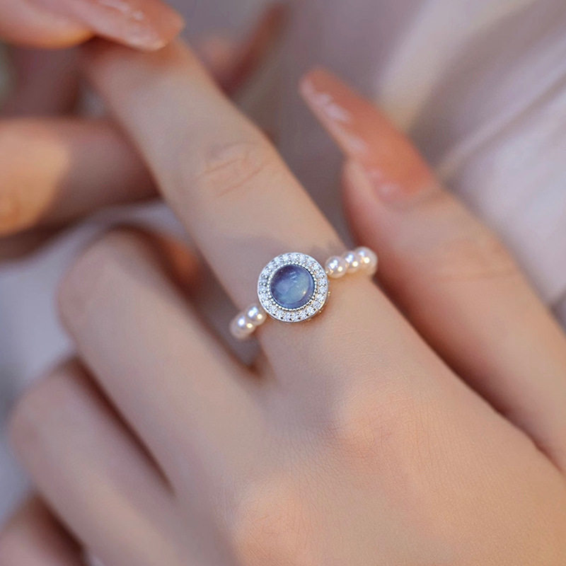s925纯银海蓝宝天然淡水珍珠戒指女小众高级感法式优雅弹力绳手饰