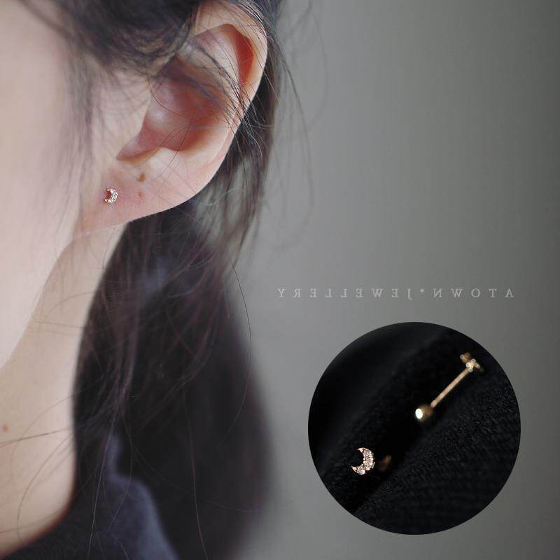 9K gold mini diamond moon heart screw ear studs, ear bone studs
