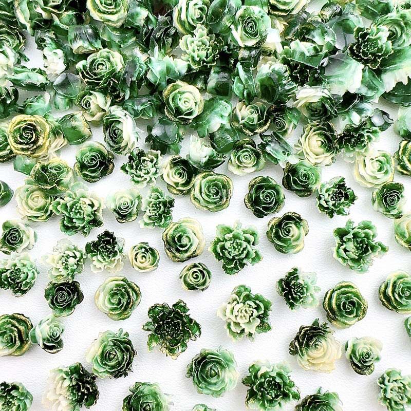 夜光抖音爆款绿色系花苞玫瑰美甲饰品仿真牡丹复古渲染指甲材料包