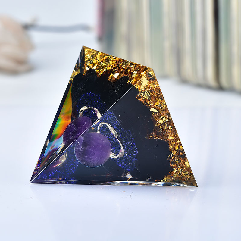 Crystal Pyramid Crushed Stone Resin Ornament | Energy Healing Feng Shui Decor | Desktop Decoration Craft