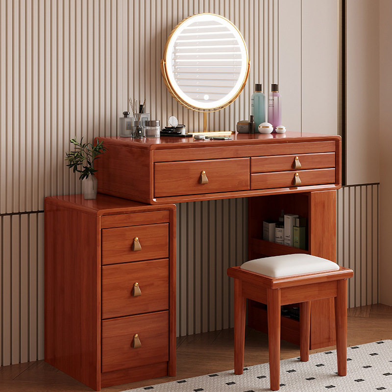 实木梳妆台化妆桌斗柜一体现代简约伸缩小户型新中式卧室化妆台橱
