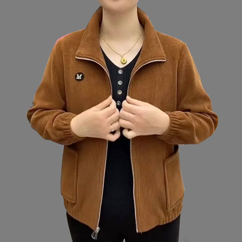 妈妈外套女2023秋冬新款灯芯绒长袖大码中老年上衣宽松休闲纯色款