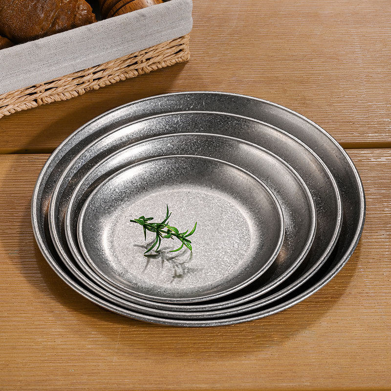 韩式不锈钢圆盘ins做旧咖啡厅托盘水果盘甜品浅盘平底碟复古餐具