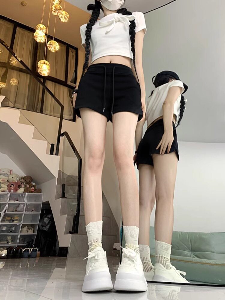 美式辣妹灰色运动短裤女2024年夏季百搭高腰显瘦绑带小个子休闲裤