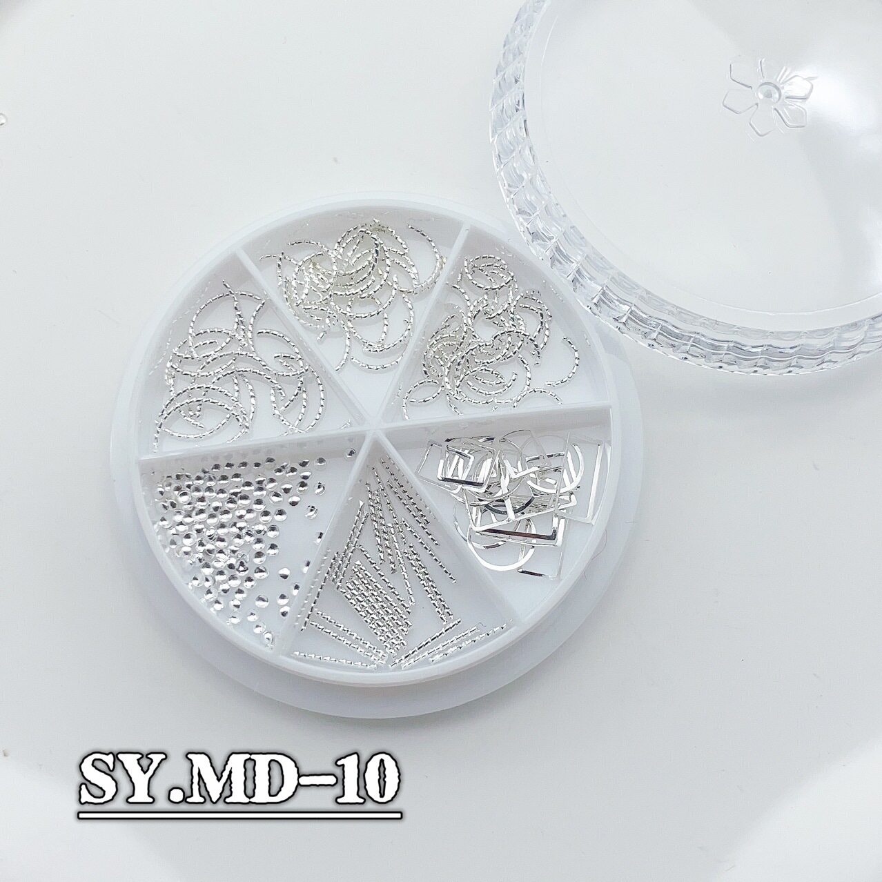 日系美甲常用铆钉六格盒装指甲百搭小金属弯棒银色银灰镂空金属框