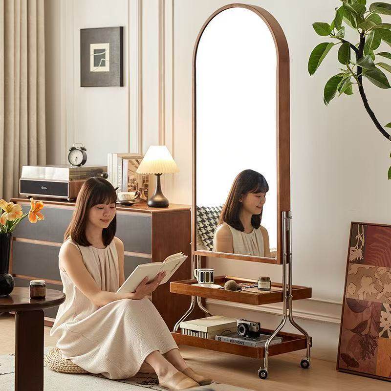 家用实木可移动穿衣镜客厅全身镜收纳置物架书架一体卧室落地镜子