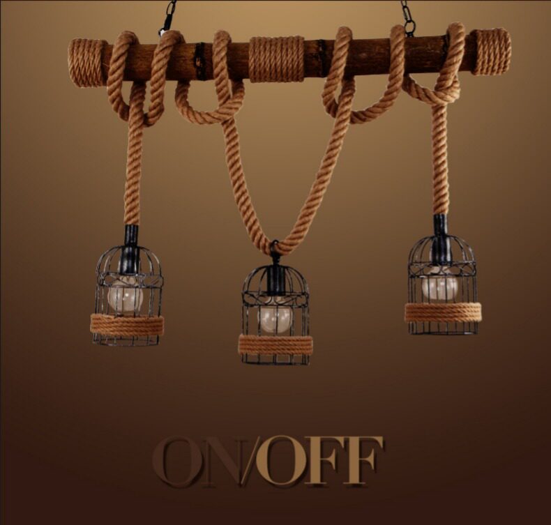 北欧美式乡村复古创意餐厅旧酒吧台咖啡厅竹子三头鸟笼麻绳吊灯