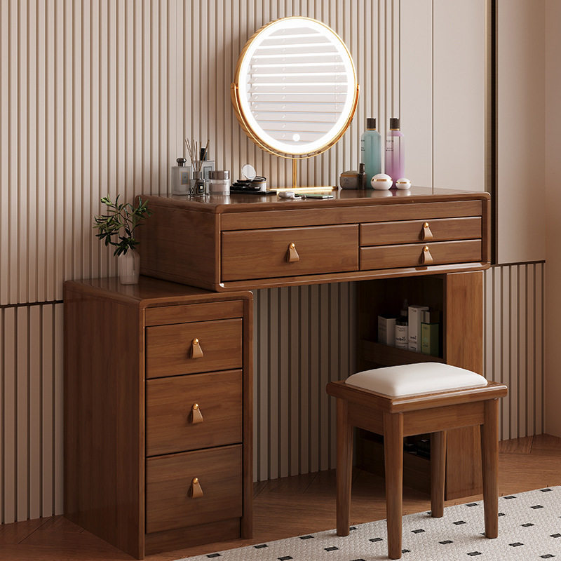 实木梳妆台化妆桌斗柜一体现代简约伸缩小户型新中式卧室化妆台橱