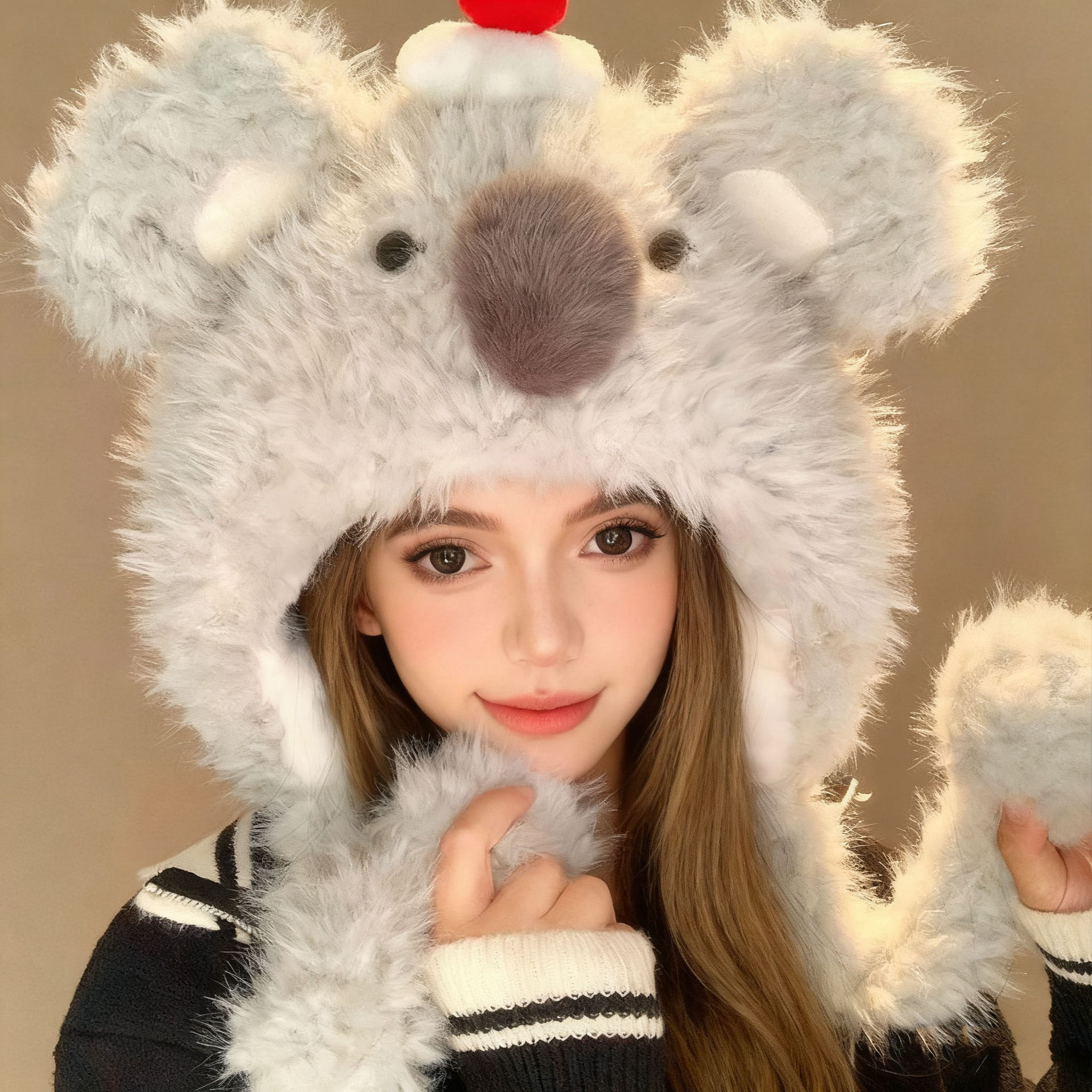 可爱耳朵会动的考拉毛绒帽女秋冬保暖护耳甜美百搭照显脸小雷锋帽