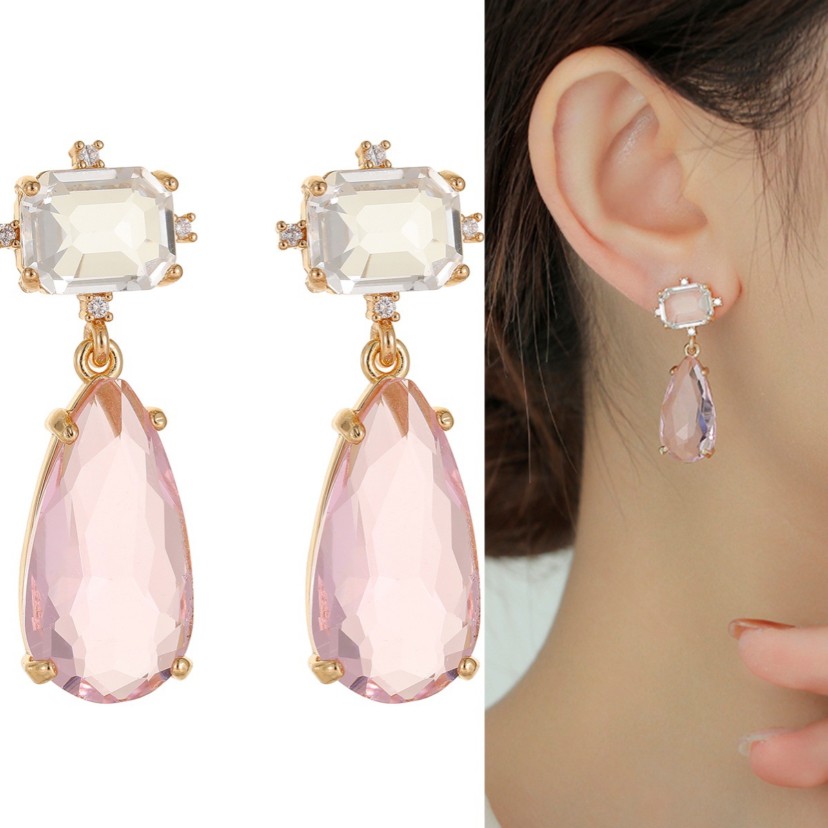 欧美经典时尚水滴形耳环跨境热销气质水晶耳坠粉色水晶百搭耳饰女