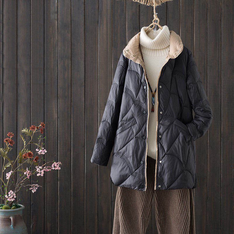 跨境秋冬轻薄款羽绒服女中长款白鸭绒时尚洋气复古祥云立领外套潮