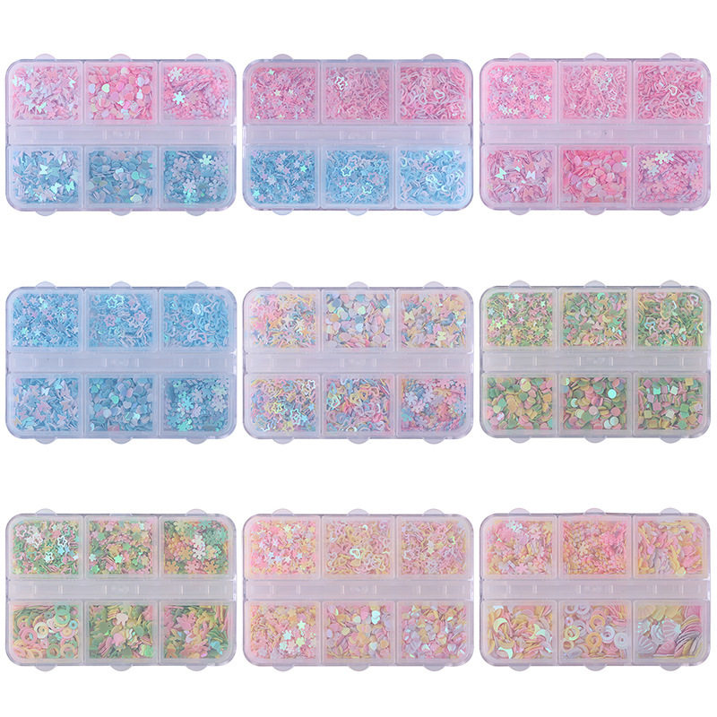 跨境美甲饰品美甲亮片6格盒装儿童手工DIY材料心形雪花五角星闪亮