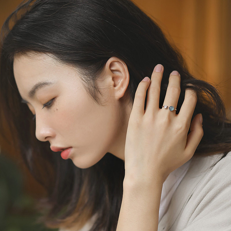 Natural Aquamarine Crystal Ring - 925 Sterling Silver Open Ring