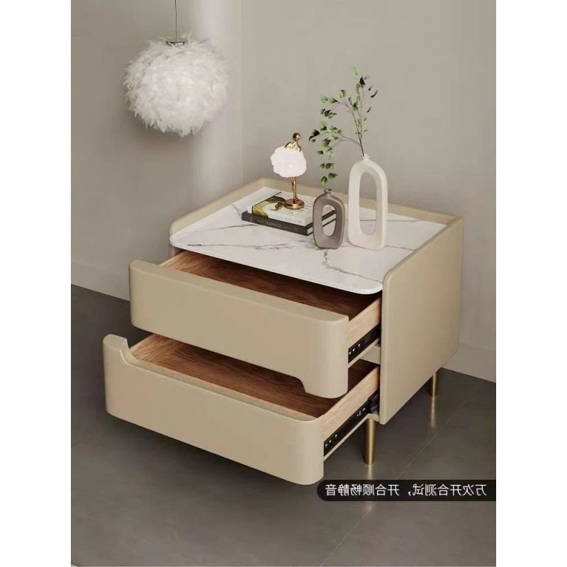 意式轻奢岩板实木床边柜皮质简约现代卧室家用床头柜小型整装