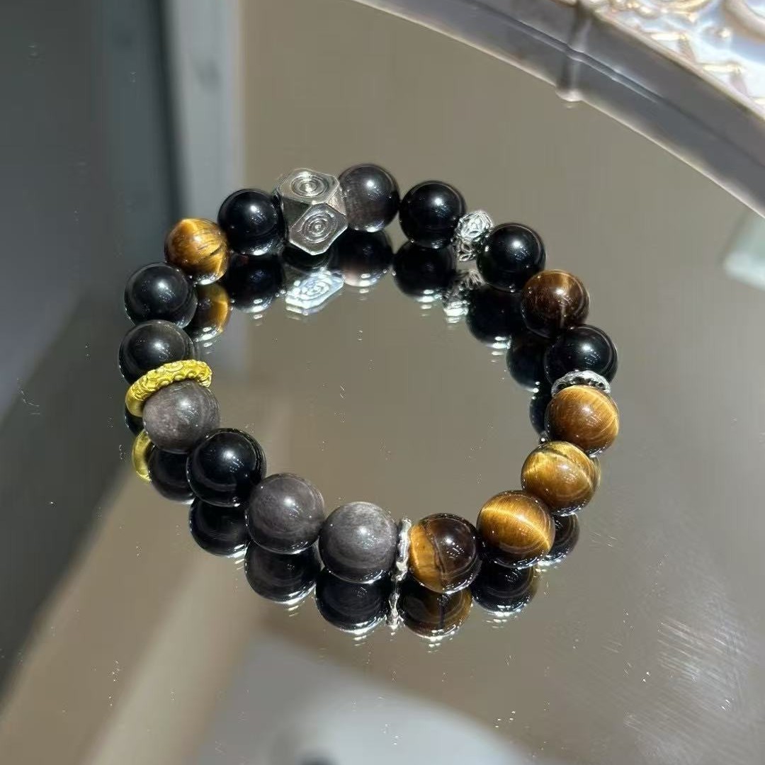 Natural Tiger Eye and Black Obsidian Six-Syllable Mantra Bracelet | Protective Energy Bracelet for Warding Off Evil and Bringing Good Luck