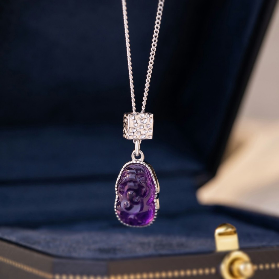 【Wealth Attraction and Evil Repelling】Pi Xiu Pure Silver Natural Amethyst Pendant Luck-changing Necklace