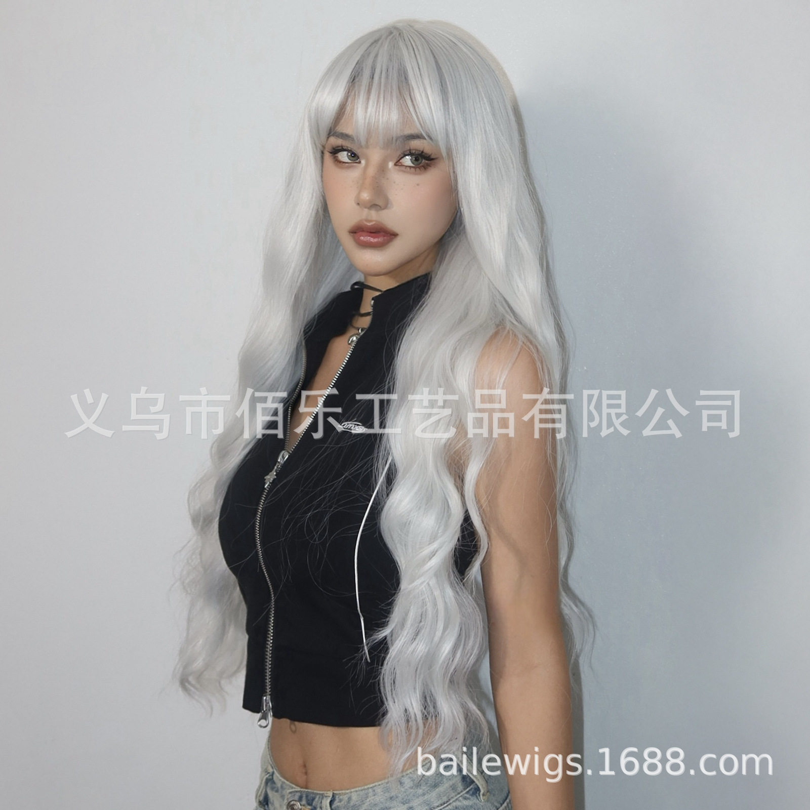 欧美假发全头套灰白色齐刘海大波浪长卷发cos化纤女头套wigs